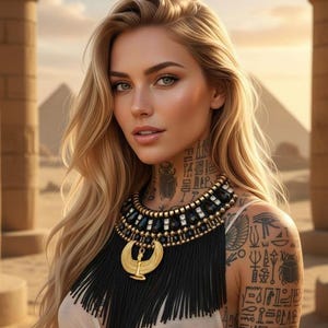 Collier maxi plastron doré et noir Egypte chaines noires