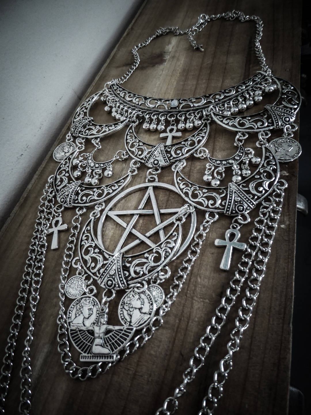 Necklace Maxi Breastplate Silver Moon Goth Ankh Pentagram