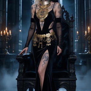 May include: A floor-length black velvet dress featuring a deep V-neckline, side cutouts, and a high thigh slit. The garment is paired with sheer black arm sleeves, a large gold statement necklace with blue accents, and a gold chain waist belt.