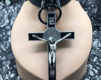 Black faux leather necklace with punk rivets, large Cross Crucifix