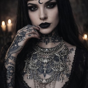 Peut inclure: Une femme aux cheveux noirs et au maquillage sombre, portant un collier en argent avec des pendentifs en forme d'ankh et de croissant de lune. Le collier est superposé et orné. La femme a des tatouages sur les bras et le cou.