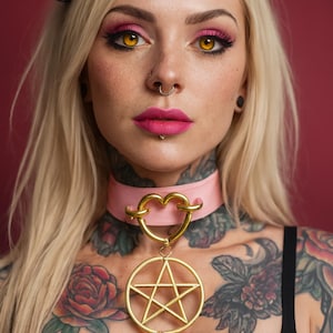 Goth Barbie pentagram vegan pink leather necklace