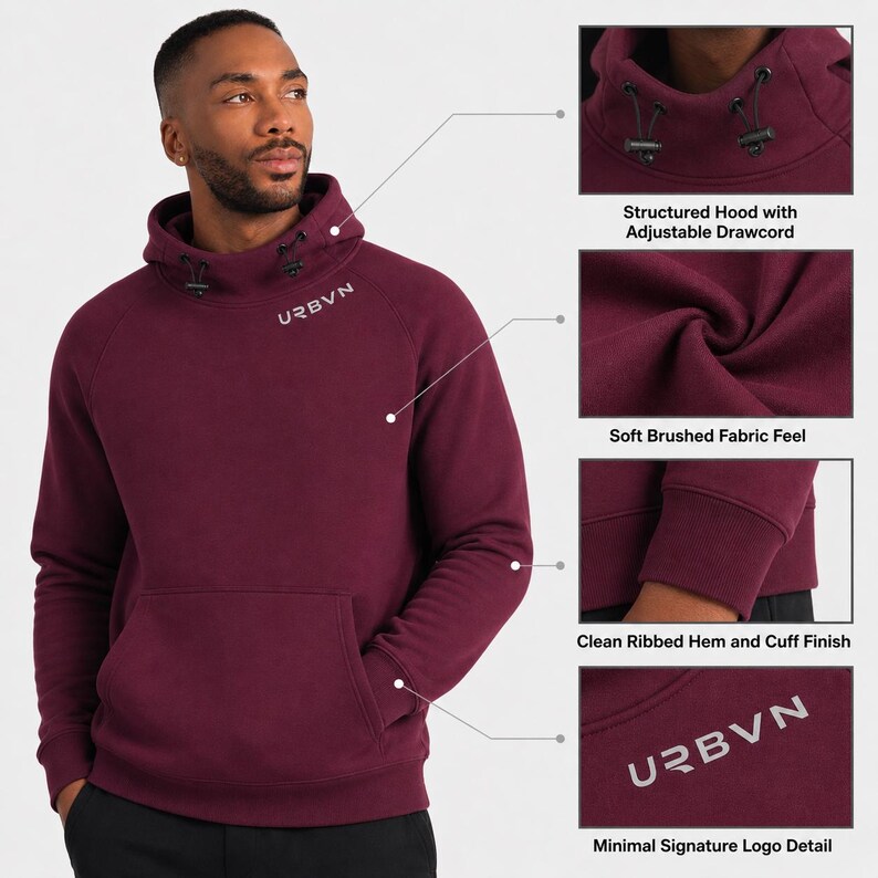 May include: A burgundy hoodie with a structured hood and adjustable drawcord. The hoodie features a soft, brushed fabric, a clean ribbed hem and cuff finish, and the URBVN logo detail. The model is wearing black pants.