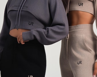 Cozy 2 Piece Knit Lounge Set, Matching Crop Hoodie and Tank Top Set, Comfy Leisure Wear, Ribbed Tracksuit Women