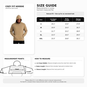 May include: A tan Cozy Fit Hoodie with a drawstring hood. The image includes a size guide with measurements in inches for chest width, body length, and sleeve length. The size guide includes sizes S, M, L, XL, and XXL.