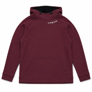 May include: A maroon hoodie with a black-lined hood and a front pocket. The word "URBVN" is printed in white on the upper chest. The hoodie has long sleeves and a drawstring closure at the neck.