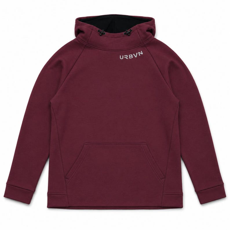May include: A maroon hoodie with a black-lined hood and a front pocket. The word "URBVN" is printed in white on the upper chest. The hoodie has long sleeves and a drawstring closure at the neck.