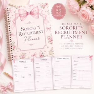 Puede incluir: Un planificador de reclutamiento de hermandad con espiral, con un diseño floral rosa y lazos. La portada dice "Sorority Recruitment Planner". Incluye 59 páginas. Se ven páginas adicionales para notas e información de miembros.