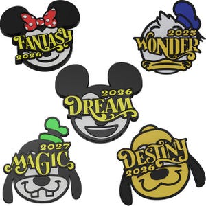 May include: Five character-themed enamel pins featuring stylized faces. One shows a mouse with a red polka-dot bow and the text FANTASY 2026, another a duck with a blue hat and WONDER 2025, a mouse with DREAM 2026, a dog with a green hat and MAGIC 2027, and a dog with DESTINY 2026.