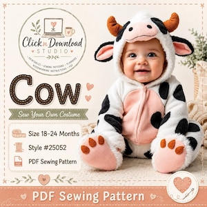 Può includere: Un cartamodello PDF per un costume da mucca, taglia 18-24 mesi, stile #25052. L'immagine mostra un bambino che indossa una tutina in peluche bianca, nera e rosa con cappuccio, orecchie e corna, insieme al marchio Click n Download Studio.