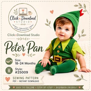 Puede incluir: Un patrón de costura digital para un disfraz de Peter Pan en talla 18-24 meses, estilo #25009. El diseño incluye una túnica verde con cuello, un cinturón marrón con hebilla dorada, mallas verdes y un gorro puntiagudo verde con una pluma roja.