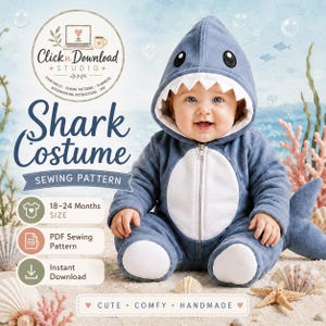May include: A blue shark costume sewing pattern for 18-24 months size, featuring a hooded jumpsuit with a white belly panel, shark teeth along the hood opening, and a tail. The text reads Click n Download Studio, Shark Costume, Sewing Pattern, 18-24 Months Size, PDF Sewing Pattern, Instant Download, Cute, Comfy, Handmade.