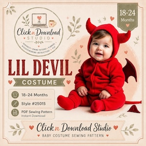 May include: A red devil costume for a baby, featuring a hooded onesie with attached horns, long sleeves, and trousers. The costume includes dark red wings and a tail. Text on the image includes "LIL DEVIL COSTUME", "18-24 Months", "Style #25015", and "Click n Download Studio".