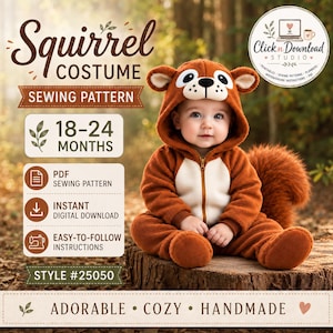 May include: A digital sewing pattern for a squirrel costume in size 18-24 months. The image displays text including Squirrel Costume, 18-24 Months, PDF Sewing Pattern, Instant Digital Download, Easy-to-Follow Instructions, Style #25050, and Click n Download Studio.