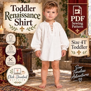 Puede incluir: Una camisa de manga larga color crema con escote acordonado y puños fruncidos. La imagen incluye el texto Toddler Renaissance Shirt, PDF Sewing Pattern, Size 4T Toddler, Easy to Follow, Detailed Instructions, Beginner Friendly y Click n Download Studio.
