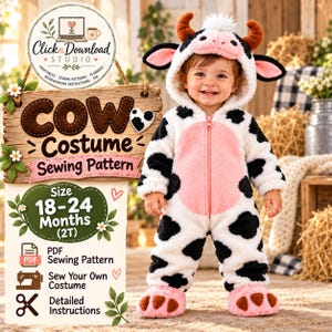 May include: A white and black cow-themed hooded jumpsuit with a pink belly panel, zipper closure, and attached hood featuring ears and horns. A wooden sign displays the text: COW Costume Sewing Pattern, Size 18-24 Months (2T), PDF Sewing Pattern.