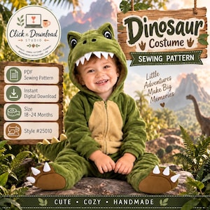 May include: A green dinosaur costume sewing pattern for a toddler, featuring a hooded jumpsuit with a tan belly, white teeth, and clawed feet. The digital download includes text labels for PDF sewing pattern, instant download, size 18-24 months, and style #25010.