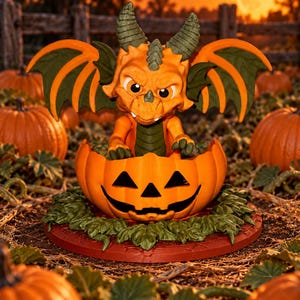 May include: A small orange dragon figurine with dark green horns and wings emerging from a carved orange jack-o'-lantern pumpkin. The dragon has large eyes and a textured green chest, sitting on a circular base decorated with green leaves.