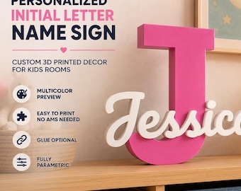 Signe personnalisé de nom de lettre initiale imprimée en 3D, décoration de chambre d'enfants, art de nom de chambre d'enfant