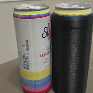 May include: A tall, slim aluminum beverage can with a white background, yellow, blue, and pink horizontal stripes, and text reading "Sun" and "Raspberry Lemonade" next to a black, textured, cylindrical insulated can cooler sleeve.