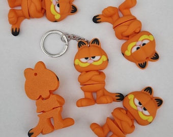 Porte-clés articulé chat orange, figurine flexible imprimée en 3D, breloque de sac anneau en métal