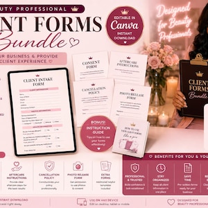 May include: A Client Forms Bundle for beauty professionals. Includes a client intake form, consent form, aftercare instructions, cancellation policy, photo release form, and extra forms. The bundle is editable in Canva and available for instant download.