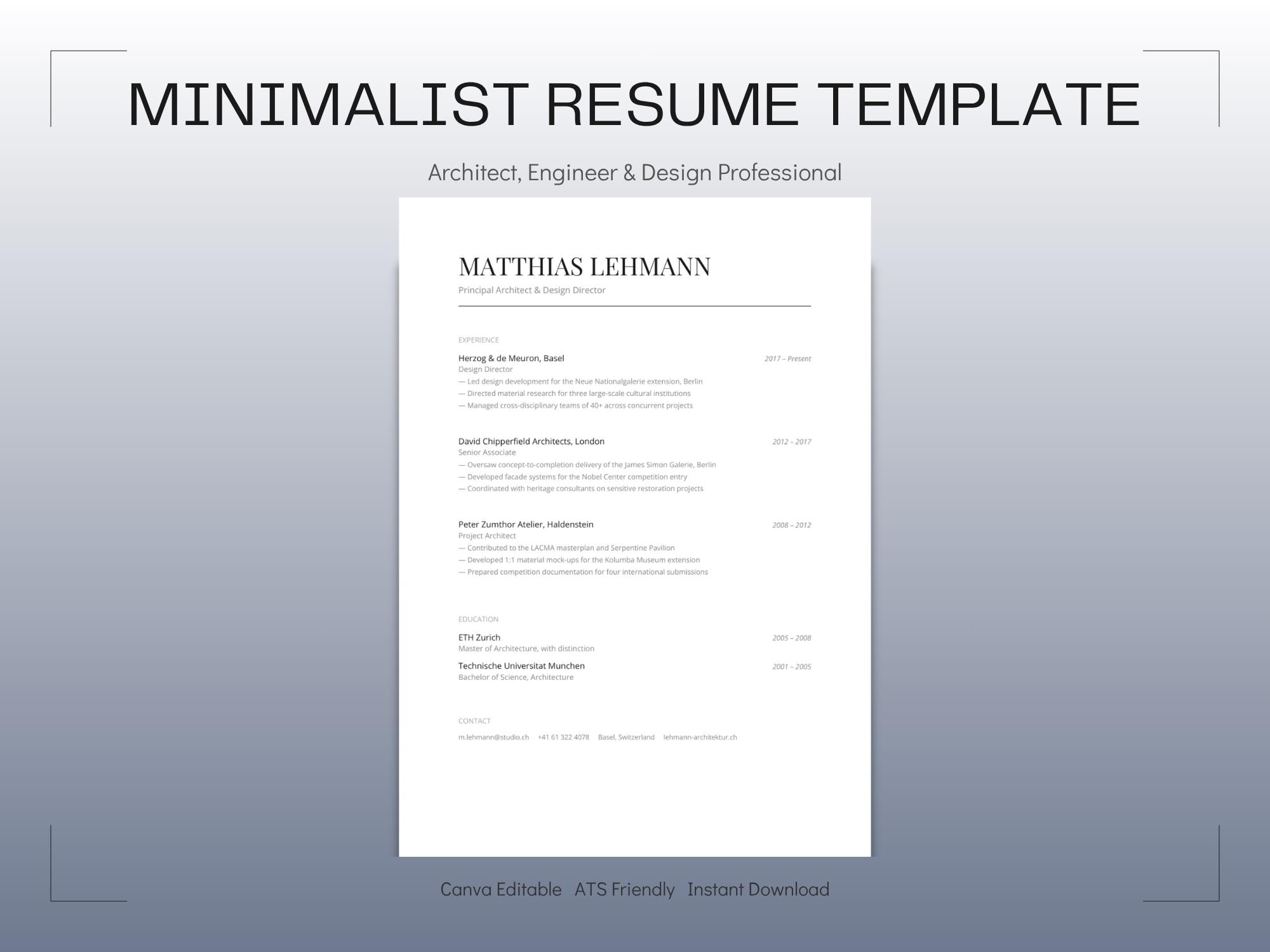 Minimalist Resume Template Canva ATS Friendly CV Clean Simple Architect ...