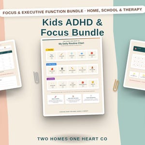 Puede incluir: Un paquete imprimible Kids ADHD & Focus Bundle con seis páginas para el hogar, la escuela y la terapia. Los documentos incluyen un gráfico de rutina diaria, un gráfico de recompensas y un planificador semanal con secciones, iconos y texto.