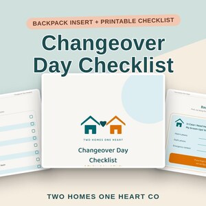 Könnte beinhalten: Eine digitale Grafik mit einer Checkliste für den Wechseltag und einem Rucksack-Einleger. Das Design zeigt zwei Haussymbole mit einem Herz, den Text Two Homes One Heart und eine Liste mit Kontrollkästchen. Die Farbpalette umfasst sanftes Blau, Orange und Weiß.