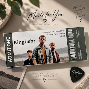 May include: A rectangular concert ticket for Kingfishr at Marley Park, Dublin on 19th June 2027, at 16:00. The ticket features a photo of three band members, a barcode, and the text ADMIT ONE. A black guitar pick with the text Kingfishr is included.