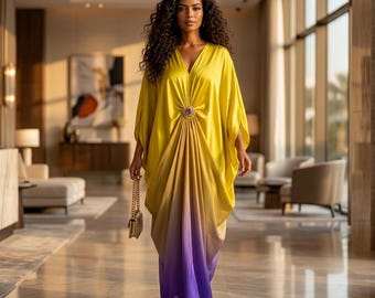 Abito caftano di lusso con effetto sfumato, abito lungo in raso da donna, elegante abito da sera, abbigliamento boho da resort, abito caftano fluido, abito ampio taglie forti