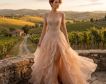 Luksusowa suknia wieczorowa w kolorze pudrowego różu, sukienka z szyfonu z koralikami dla księżniczki, suknia wieczorowa na bal haute couture, elegancka suknia wieczorowa na zamówienie dla gości weselnych