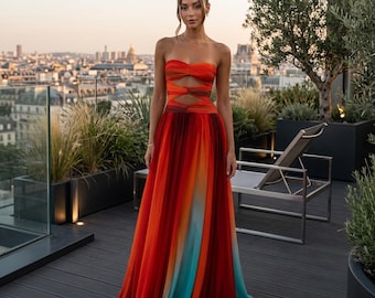 Luxury Ombre Maxi Dress for Women – Boho Chic Cut Out Gown, Elegant Vacation Dress, Strapless Flowing Summer Dress 2026