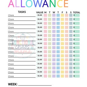Könnte beinhalten: Ein Aufgaben- und Taschengeld-Tracker mit der Überschrift Name und ALLOWANCE in Regenbogenfarben. Er enthält Zeilen für Aufgaben, eine Spalte für den Wert $1.00, tägliche Kästchen für M, T, W, T, F, S, S sowie eine Spalte für die Summe. Enthält Felder für Week, Goal und Total Allowance Earned.