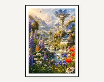 Set of 28 Solarpunk Garden Flower Prints | Eco Futurist Floral Art (Digital Download)