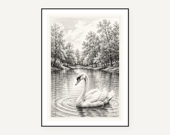 Monochrome Wildlife Art Prints, Ink Sketch Swan Geese Wall Decor (Digital Download)