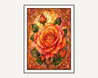 Stained Glass Rose Print Set | Jewel-Toned Floral Wall Art (Digital Download)