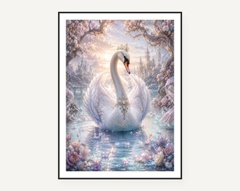Crowned Swan Art Prints, Fairytale Castle Wall Decor, Golden Hour Lake (Digital Download)