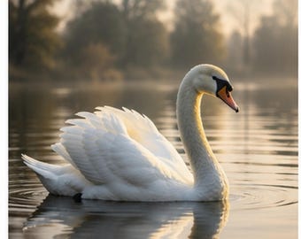 Swan Wall Art Print, White Swan Misty Lake, Nature Bird Photography, Instant Download