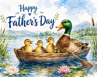 Father's Day Duck Card Set, 10 Watercolor Duck Prints, Mallard Dad Gift, Instant Download