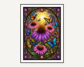 Stained Glass Echinacea Butterfly Print | Pollinator Flower Art (Digital Download)