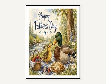 Father's Day Duck Art Print Set, Funny Dad Gift, Watercolor Picnic Scene (Digital Download)