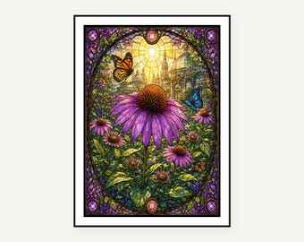 Stained Glass Echinacea Print | Butterflies, Bees, Flowers Art (Digital Download)