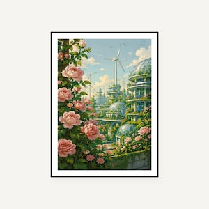 May include: A framed art print featuring a vertical composition of light pink roses in the foreground. The background displays a futuristic cityscape with glass domed buildings, lush greenery, and white wind turbines under a blue sky with clouds.