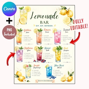 May include: A Lemonade Bar menu sign featuring watercolor illustrations of eight colorful drinks, each garnished with lemon slices and mint. The text includes drink names like Golden Hour, Future Focus, and Tassel Turn, with ingredient lists and the phrase Cheers to Sweet Moments.