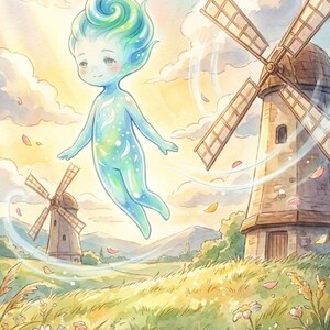 May include: A watercolor illustration depicting a glowing, translucent blue and green humanoid figure floating above a grassy field filled with wildflowers. Two rustic windmills stand in the background under a soft, sunlit sky with scattered clouds.