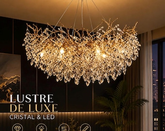 Moderne gouden kristallen LED-kroonluchter | Luxe hanglamp met bladmotief | Hoogwaardige kroonluchter voor woonkamer, eetkamer, slaapkamer en bruiloft