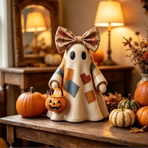 Patchwork-Stoffgeist mit Blumenschleife, Kürbiseimer, Bauernhaus-Halloween-Tischdeko