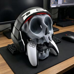 Soporte para auriculares con textura de calavera, decoración gótica para escritorio de jugador, estante de exhibición de resina