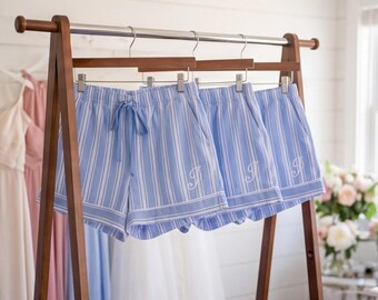 Bridal Party Pajamas | Blue Stripe Monogram PJ Shorts | Bride Pajamas | Bridesmaid Floral Gift Set
